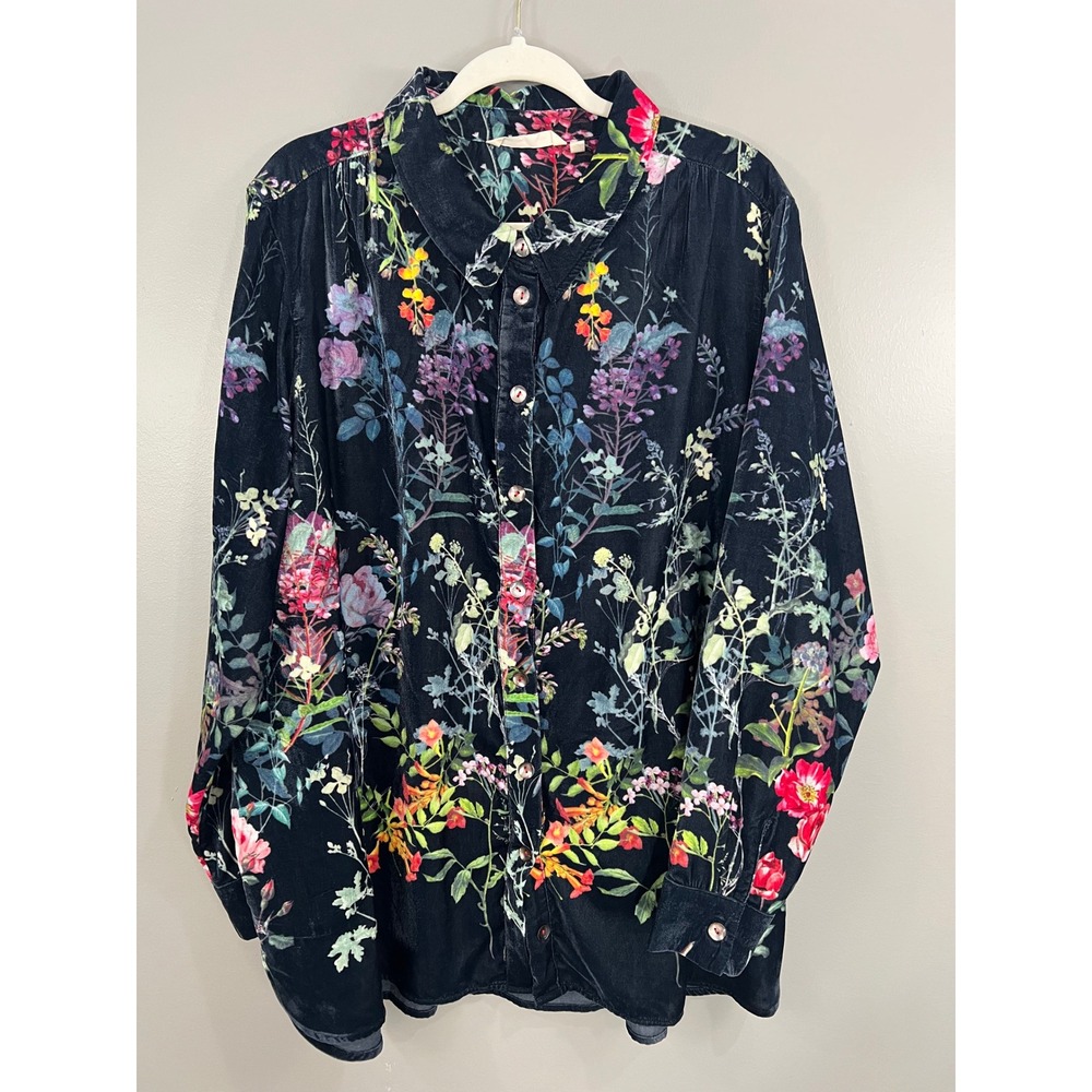 Soft Surroundings Velvet Button Down Women 3X Black Floral Great Long Sleeve Top